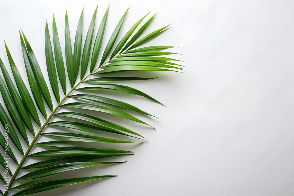 Fototapeta premium Serene palm leaf on white background symbolizing tranquility simplicity and nature