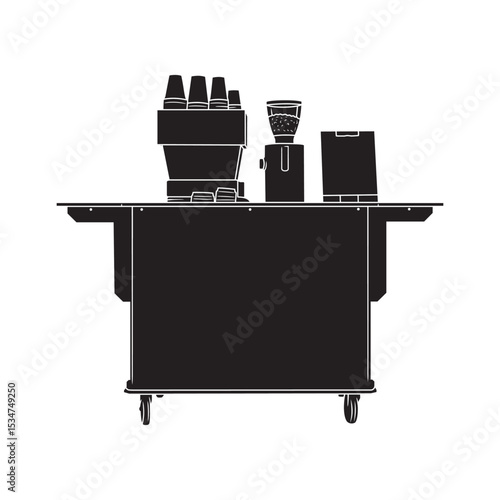 Clean line art rendering of a portable coffee stand, featuring coffee machine, grinder, and cups