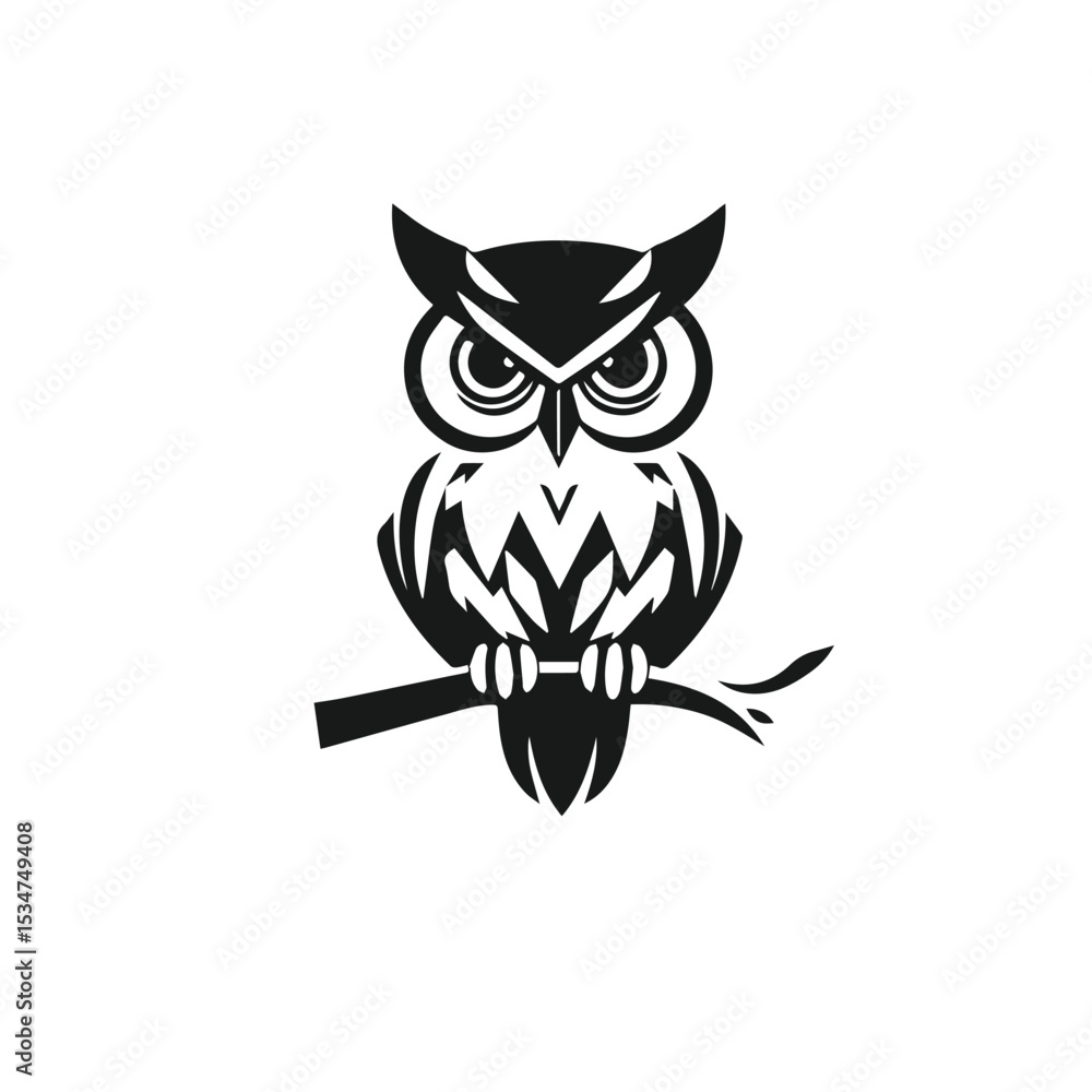Vector art of stylized black owl perched on a branch, isolated on white background Vector art of stylized black owl perched on a branch, isolated on white background