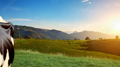 Wallpaper Mural Close-up of black and white cow in pasture looking at the viewer with mountains and sunrise in background on a sunny day Torontodigital.ca