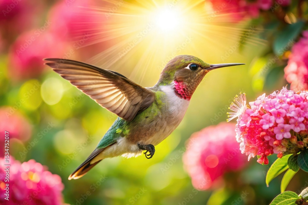 Fototapeta premium Drone Photography: Hummingbird Aerial View Pink Flowers Nectar Feeding
