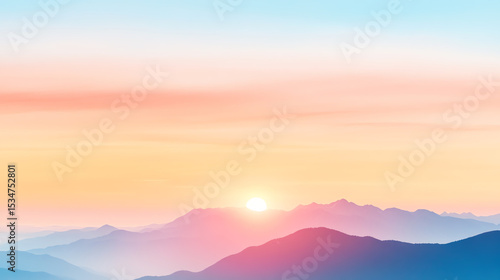 A breathtaking sunset over mountains, with soft pastel colors blending into the sky, creating a serene atmosphere.
