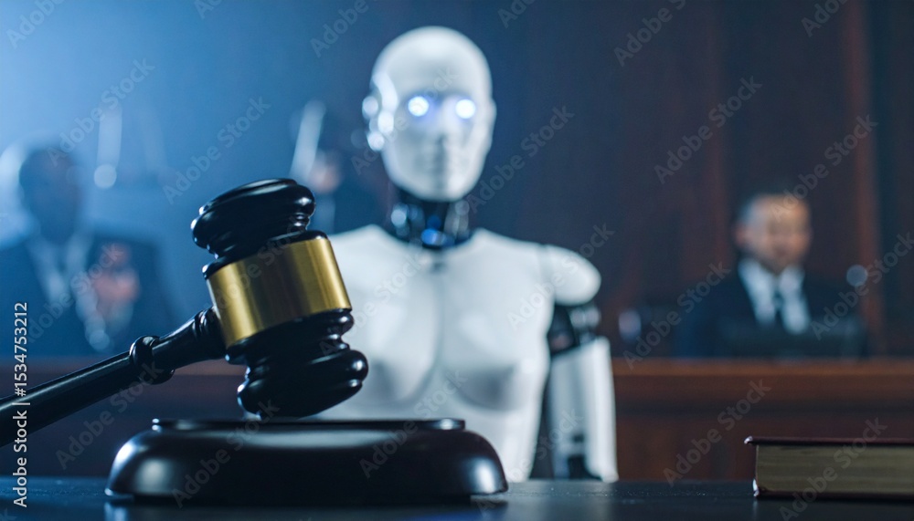 Obraz premium A futuristic courtroom scene with a robot judge and a gavel in the foreground. The robot is positioned centrally, with blurred figures of lawyers or jury members in the background.
