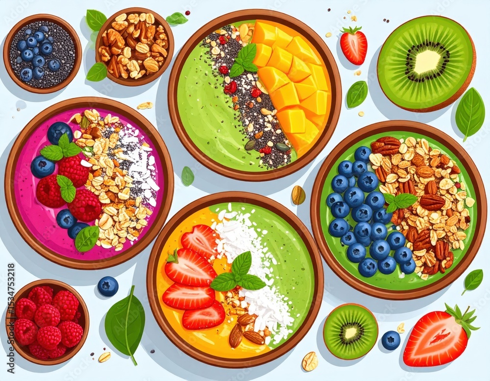Colorful Healthy Smoothie Bowls with Berries, Fruits, and Granola Colorful Healthy Smoothie Bowls with Berries, Fruits, and Granola