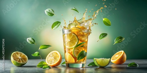 Refreshing Iced Tea with Citrus and Mint Leaves Splashing into Glass