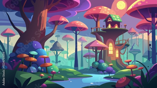 Candy Colored Fantasy Orchard House in Mushroom Forest with Winding Stream vector