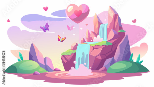 Enchanting Fairy Tale Village Waterfall Scene Pink Purple Pastel Colors Butterflies Heart Balloon river