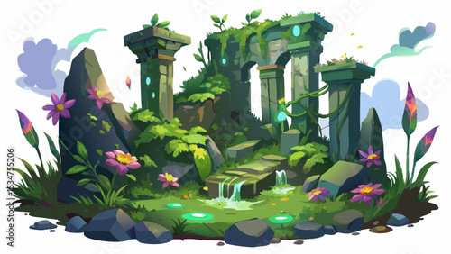 Lush Green Fantasy Landscape with Ancient Ruins Waterfall and Vibrant Flowers stone pillars green plants