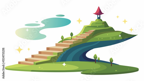 Magical Forest Staircase Leading to a Red Pagoda on a Glowing Green Hill with a Teal River Below stairs