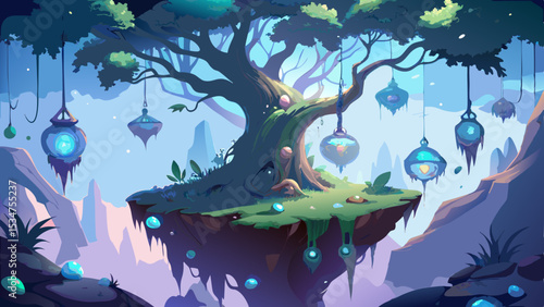 Mystical Floating Island Tree with Glowing Orbs and Vines Blue Purple Fantasy Landscape mystical tree