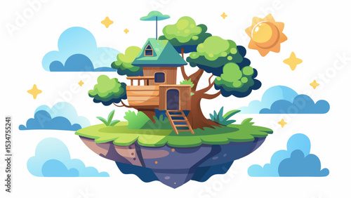 Pastel Colored Treehouse on a Floating Island with Sun and Clouds vector