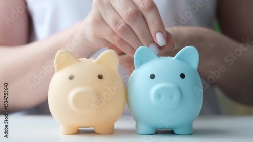 Woman putting coins into two piggy banks in turn to diversify portfolio. Retirement, savings for pension, finance accounting diversification. Saving money, investments diversity concept