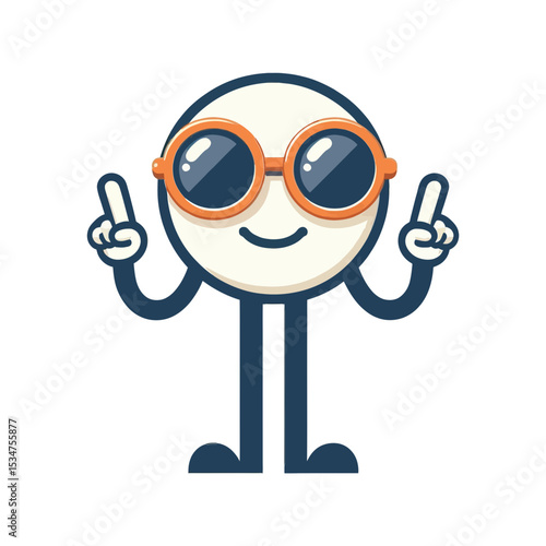 A white, circular character with orange sunglasses and pointing fingers. Ideal for websites/blogs on fun, attention, guidance, cool themes, or mascots.

