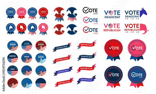 Vector set of vote democrat republican badge button banner pin. United States of America presidential election day 2028. Collection of American style, color, design. Donkey elephant political party.