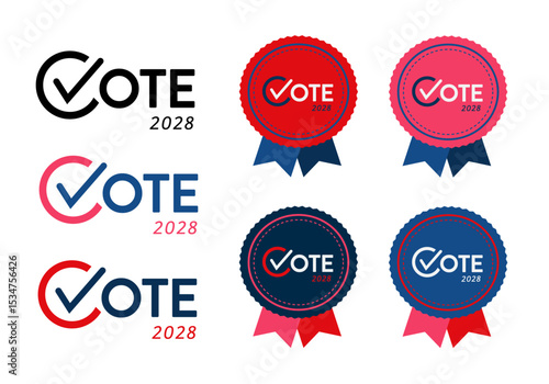 Vector set of vote democrat republican badge button banner pin. United States of America presidential election day 2028. Collection of American style, color, design. Donkey elephant political party.