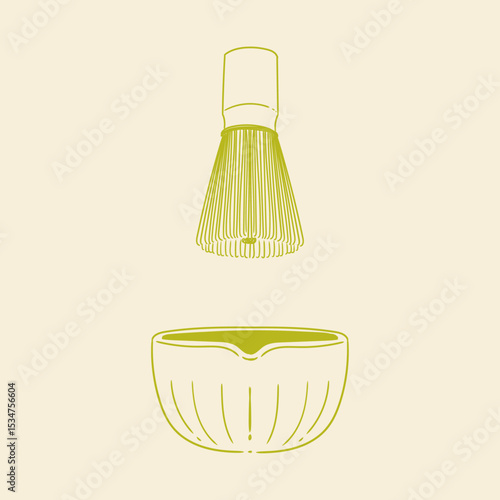 Matcha tea illustration set. Original hand-drawn green tea illustrations featuring matcha brewing utensils, a bamboo matcha whisk, and a Japanese matcha green tea brewing brush for posters, cards, caf