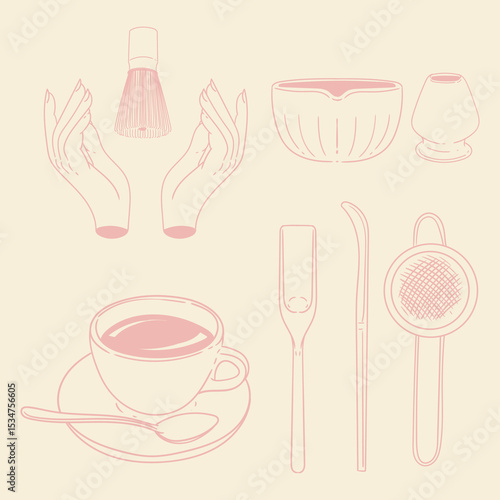 Matcha tea illustration set. Original hand-drawn green tea illustrations featuring matcha brewing utensils, a bamboo matcha whisk, and a Japanese matcha green tea brewing brush for posters, cards, caf
