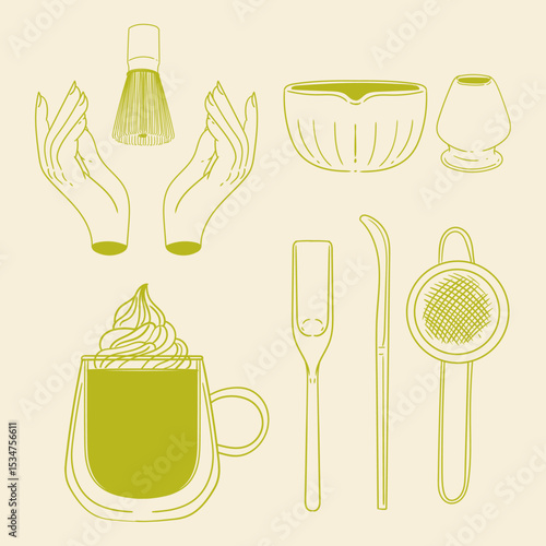 Matcha tea illustration set. Original hand-drawn green tea illustrations featuring matcha brewing utensils, a bamboo matcha whisk, and a Japanese matcha green tea brewing brush for posters, cards, caf