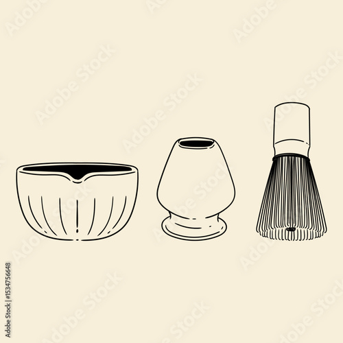 Matcha tea illustration set. Original hand-drawn green tea illustrations featuring matcha brewing utensils, a bamboo matcha whisk, and a Japanese matcha green tea brewing brush for posters, cards, caf