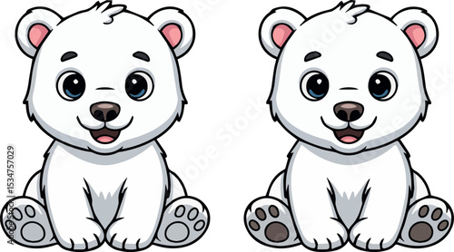 Two adorable baby polar bears sitting together cute cartoon illustration cub fun pole kids icon logo white north image