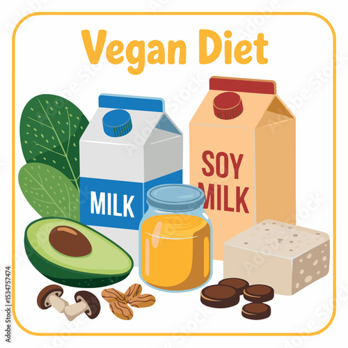 Healthy vegan diet food illustration with soy milk and tofu products menu lunch snack fresh tasty image eating fruits