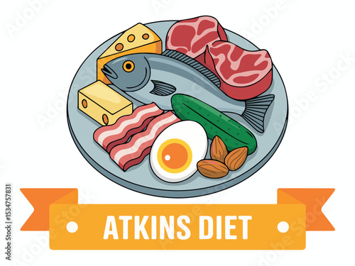 Delicious atkins diet food illustration with meat fish cheese and eggs fat plan meal bacon lunch tasty plate eating