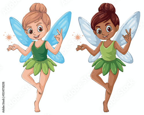 Two adorable cartoon fairies with wings and magic dust smiling joyfully fun cute girl kids fairy happy green brown image