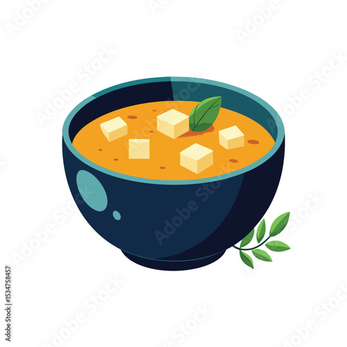 Dark Teal Bowl Orange Soup White Cube Tofu Basil Leaf Green Leaves vector