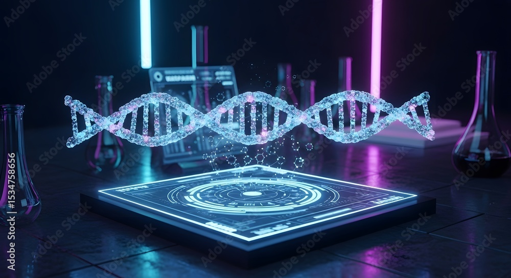Fototapeta premium 3D Rendering of DNA Strand with Futuristic Laboratory Equipment