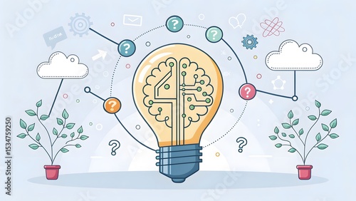 Light Bulb with Brain Design and Technology Icons in Soft Colors