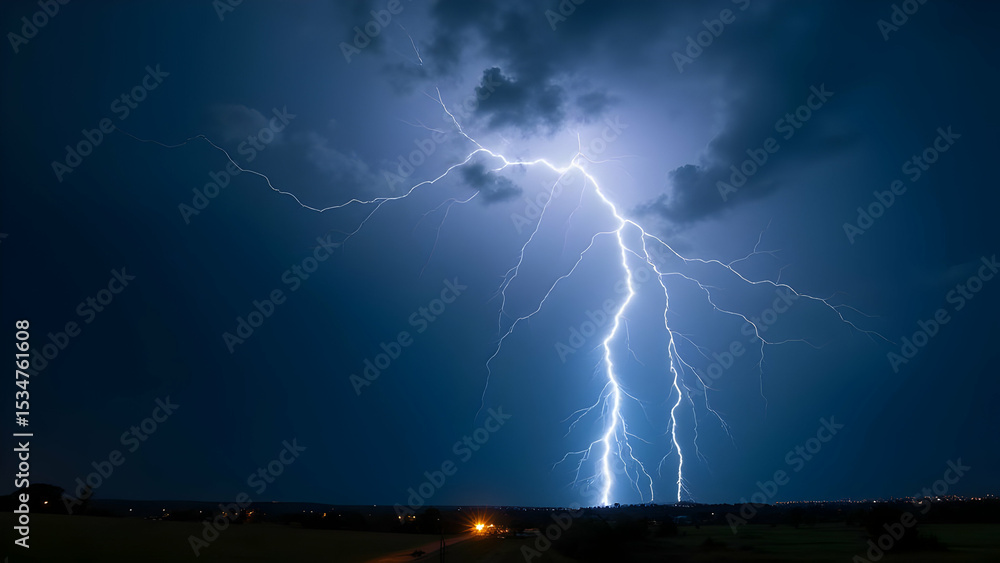 A bright lightning strike illuminates the dark sky A bright lightning strike illuminates the dark sky