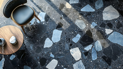 Elegant Black Terrazzo Floor with Unique Stone Patterns and Textures