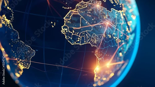 Digital earth globe with continents outlined and glowing connections displaying network across Africa and South America on blue background.