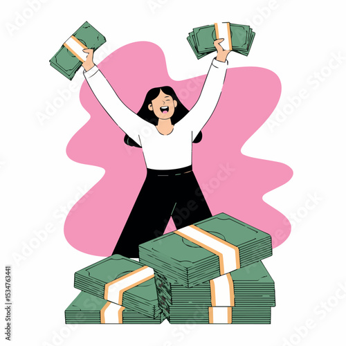 Happy woman celebrating financial success with stacks of cash money rich flat pink bills piles style green black wealth