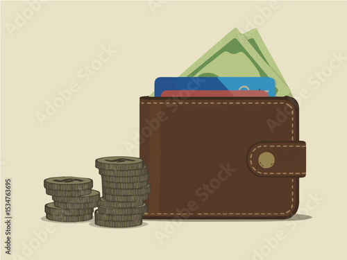 Brown leather wallet with cash cards and coins stacked nearby illustration icon flat rich money debit retro credit design