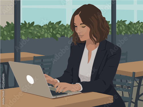 Young businesswoman working on laptop at outdoor cafe stylish modern professional woman using computer desk chic flat