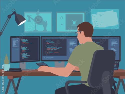 Programmer working late at night on a coding project using multiple monitors in a modern office setting desk code focus