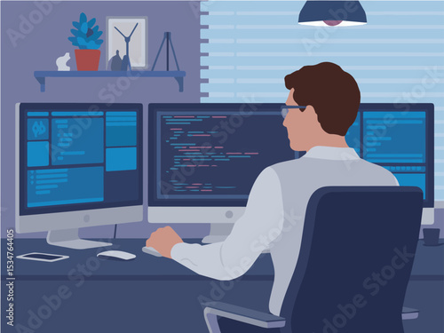 Programmer working late at night on software development project using multiple monitors in his home office code desk