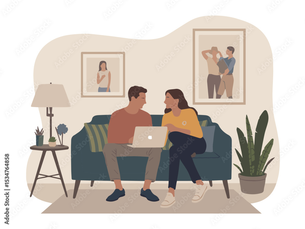 Young couple relaxing at home using laptop together modern living room interior design art sofa cozy love flat calm happy Young couple relaxing at home using laptop together modern living room interior design art sofa cozy love flat calm happy