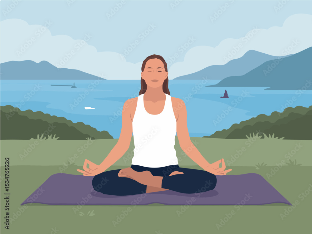 Fototapeta premium Peaceful woman meditating outdoors by serene ocean view yoga pose nature calm relaxation zen sky girl quiet water asana