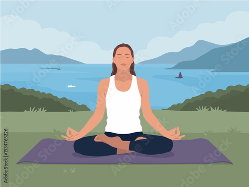 Peaceful woman meditating outdoors by serene ocean view yoga pose nature calm relaxation zen sky girl quiet water asana