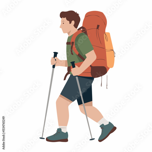 Young man hiking in nature with backpack trekking poles summer adventure path gear trip sport trail shoes style travel