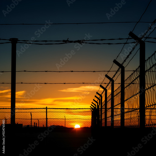 Prison barbed wire fence at sunset