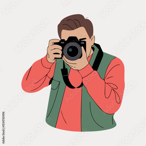 A professional photographer taking pictures with a modern dslr camera stylishly dressed in a red shirt and green jacket