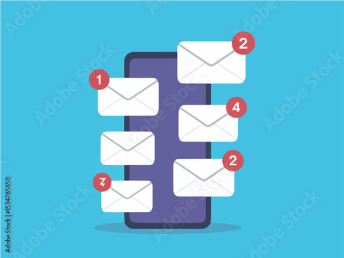 Smartphone displaying multiple new email notifications alerting user to urgent messages incoming correspondence app red