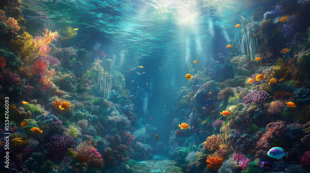 Fototapeta premium Vivid Tropical Coral Reef with Colorful Fish in Crystal Clear Waters