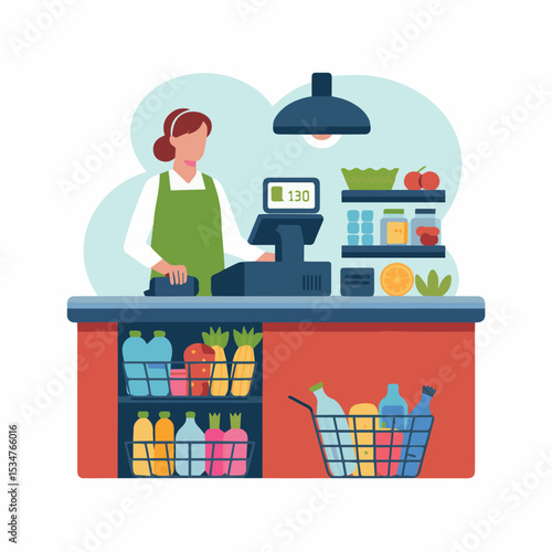 Friendly cashier at a grocery store checkout counter with fresh produce and drinks available for purchase food flat shop