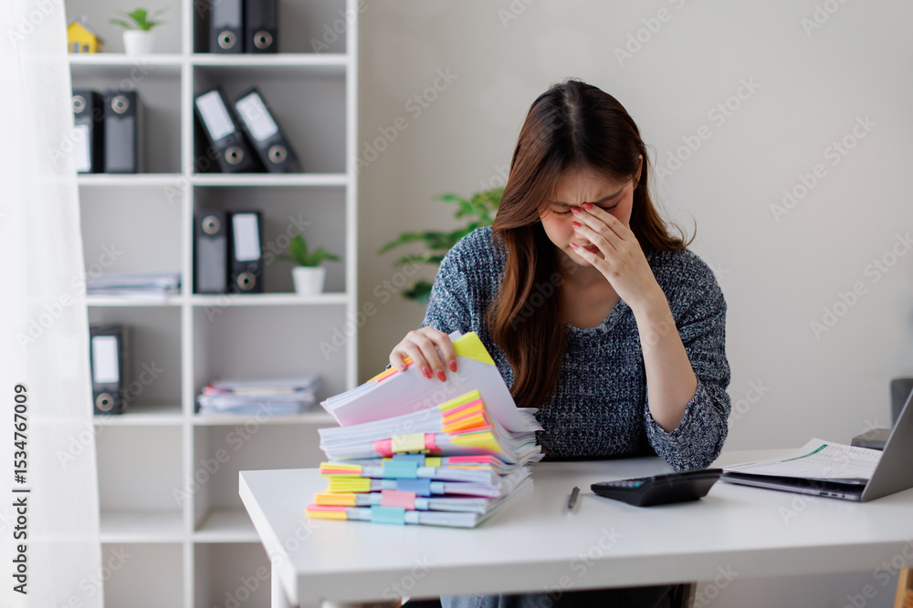 A stressed and sad serious young Asian business woman focuses on working on her business financial reports at her desk in the office.
A stressed and sad serious young Asian business woman focuses on working on her business financial reports at her desk in the office.