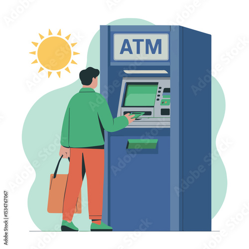 Man using an atm machine on a sunny day outdoors financial transaction service bag cash bank blue card user money green