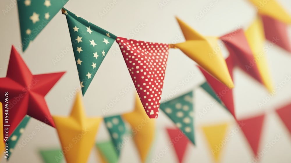 Fototapeta premium Vibrant Paper Triangles and Stars Decoration happy birthday background